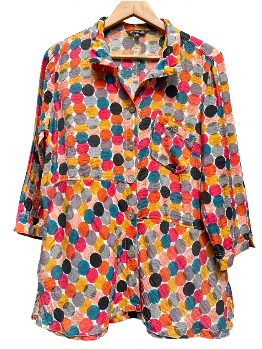 John Mark Polka Dot Tunic Blouse Top Medium Multicolor Vibrant Artsy Button Up